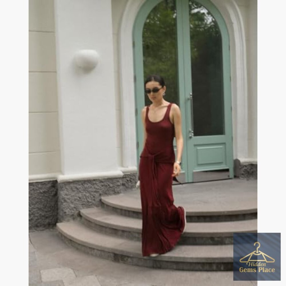 Sleeveless Maxi Wrap Dress Tie Waist Slim Fit Casual Summer Tank - Picture 4 of 7